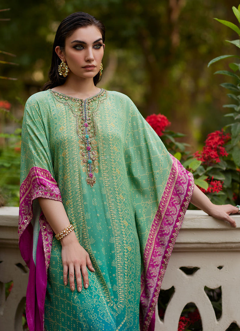 Farah Talib Aziz | Mayna Festive Prints 24 | Persia Teal Ombre Kaftan by Farah Talib Aziz - Designer Dress - Type: Ladies Clothes - Available at Libayah - 100% Original