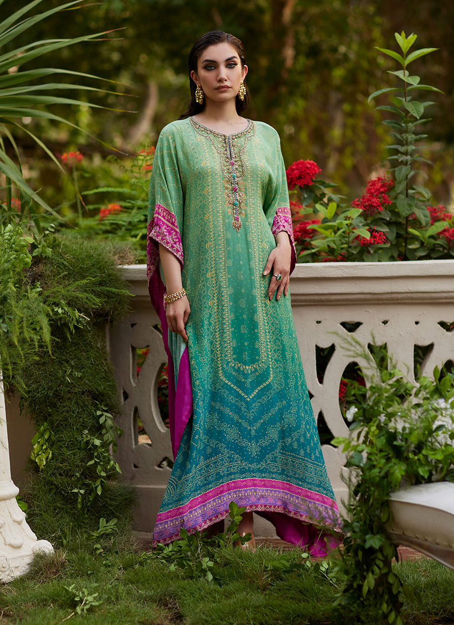 Farah Talib Aziz | Mayna Festive Prints 24 | Persia Teal Ombre Kaftan by Farah Talib Aziz - Designer Dress - Type: Ladies Clothes - Available at Libayah - 100% Original