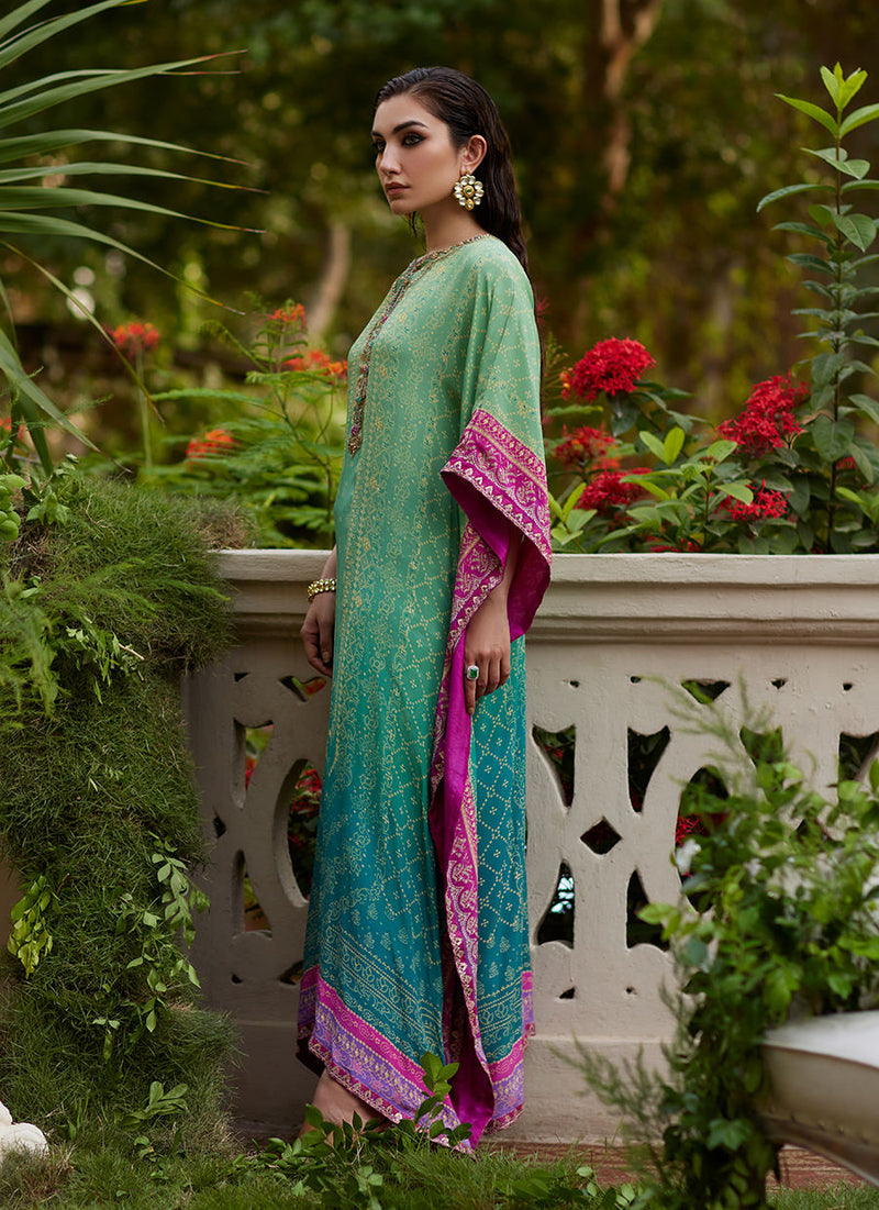 Farah Talib Aziz | Mayna Festive Prints 24 | Persia Teal Ombre Kaftan by Farah Talib Aziz - Designer Dress - Type: Ladies Clothes - Available at Libayah - 100% Original