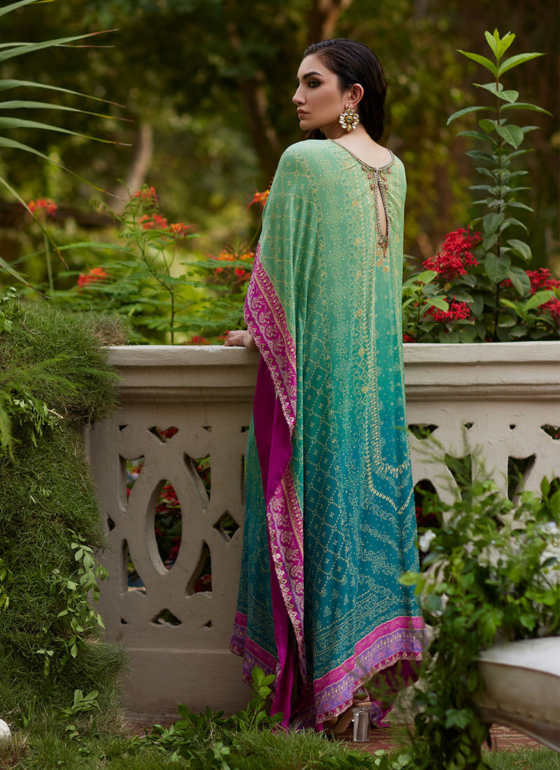 Farah Talib Aziz | Mayna Festive Prints 24 | Persia Teal Ombre Kaftan by Farah Talib Aziz - Designer Dress - Type: Ladies Clothes - Available at Libayah - 100% Original