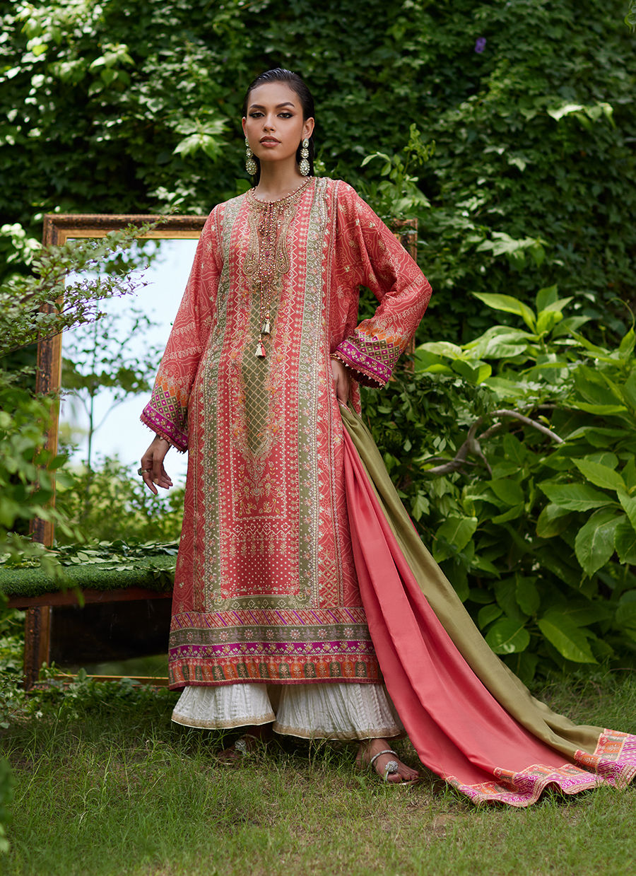 Farah Talib Aziz | Mayna Festive Prints 24 | Bazif Burnt Orange Shirt And Dupatta by Farah Talib Aziz - Designer Dress - Type: Ladies Clothes - Available at Libayah - 100% Original