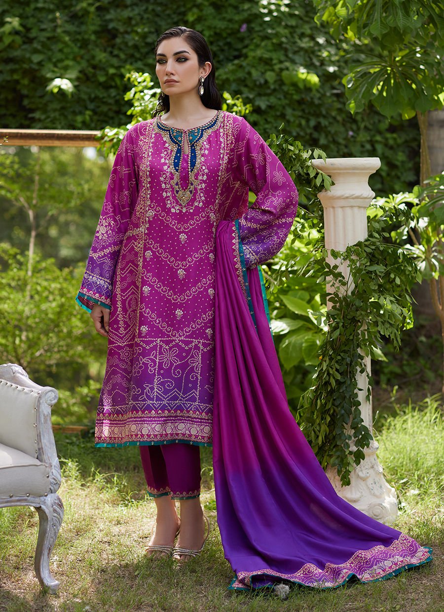 Farah Talib Aziz | Mayna Festive Prints 24 | Tazeen Magenta Ombre Shirt And Dupatta by Farah Talib Aziz - Designer Dress - Type: Ladies Clothes - Available at Libayah - 100% Original