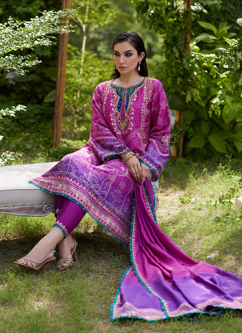 Farah Talib Aziz | Mayna Festive Prints 24 | Tazeen Magenta Ombre Shirt And Dupatta by Farah Talib Aziz - Designer Dress - Type: Ladies Clothes - Available at Libayah - 100% Original