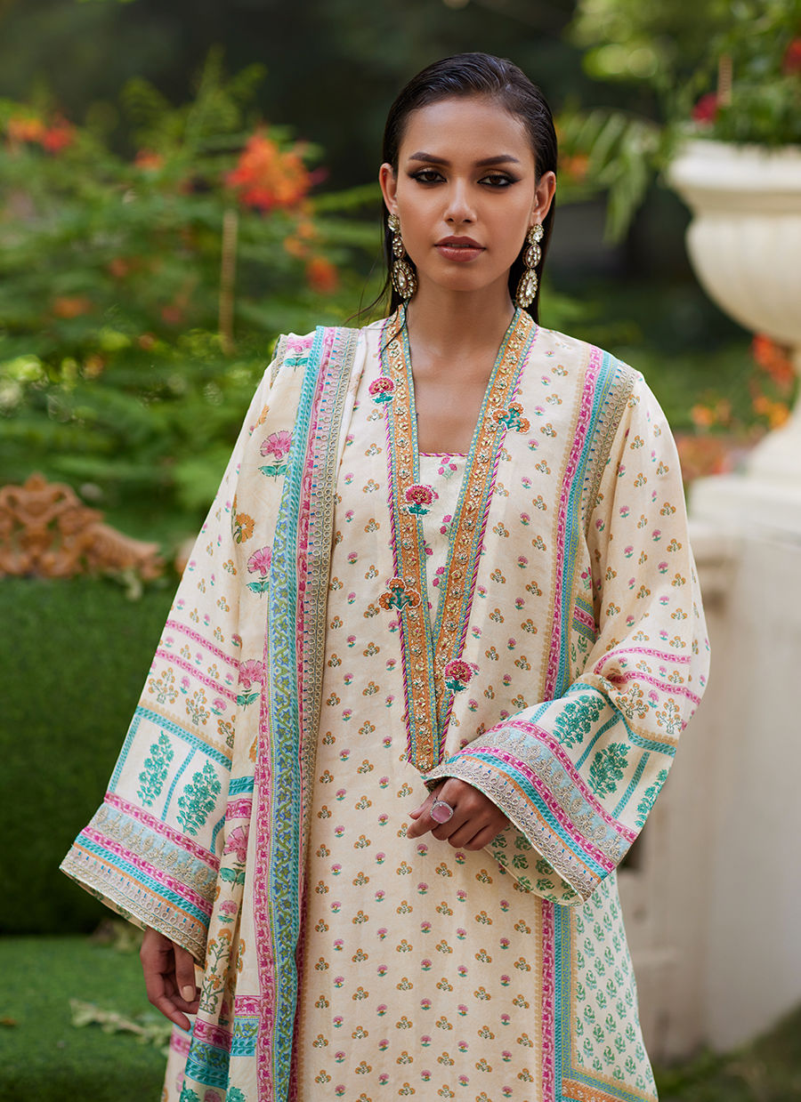 Farah Talib Aziz | Mayna Festive Prints 24 | Nural Ivory Kurta And Dupatta by Farah Talib Aziz - Designer Dress - Type: Ladies Clothes - Available at Libayah - 100% Original