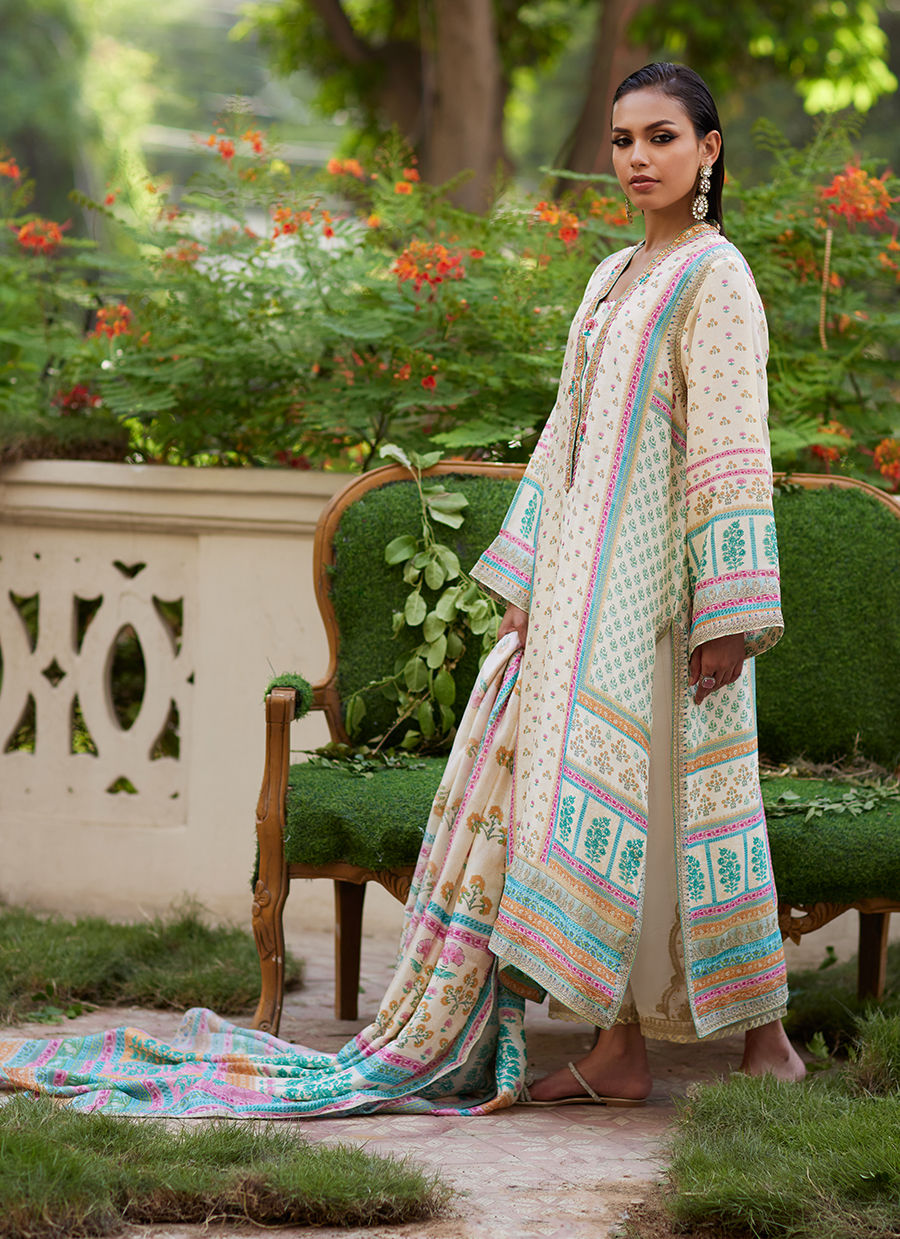 Farah Talib Aziz | Mayna Festive Prints 24 | Nural Ivory Kurta And Dupatta by Farah Talib Aziz - Designer Dress - Type: Ladies Clothes - Available at Libayah - 100% Original
