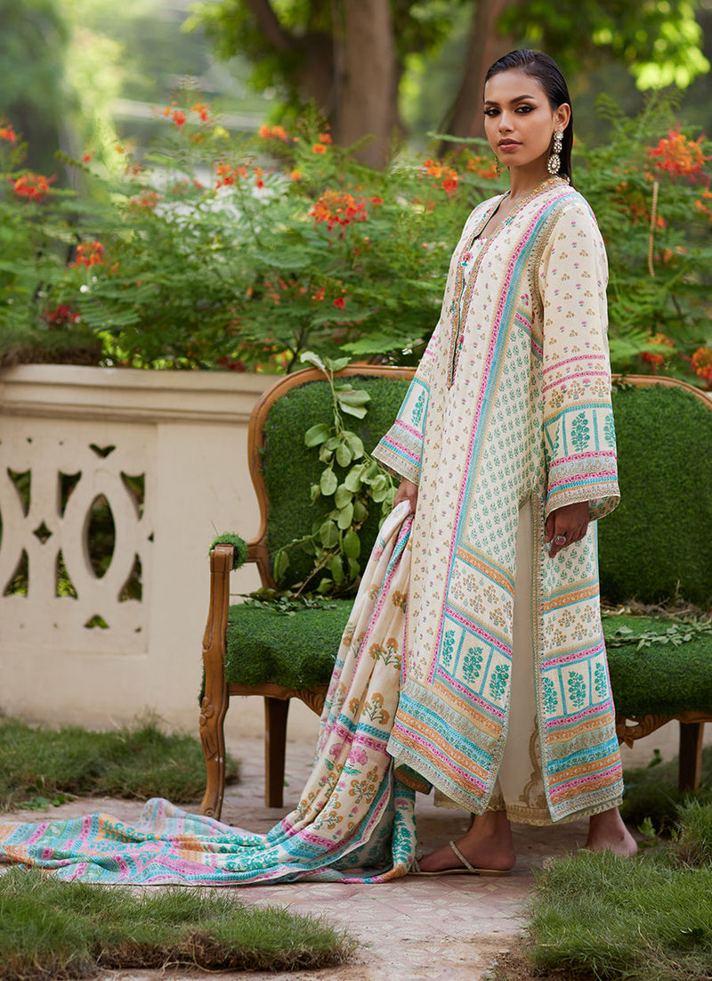 Farah Talib Aziz | Mayna Festive Prints 24 | Nural Ivory Kurta And Dupatta by Farah Talib Aziz - Designer Dress - Type: Ladies Clothes - Available at Libayah - 100% Original