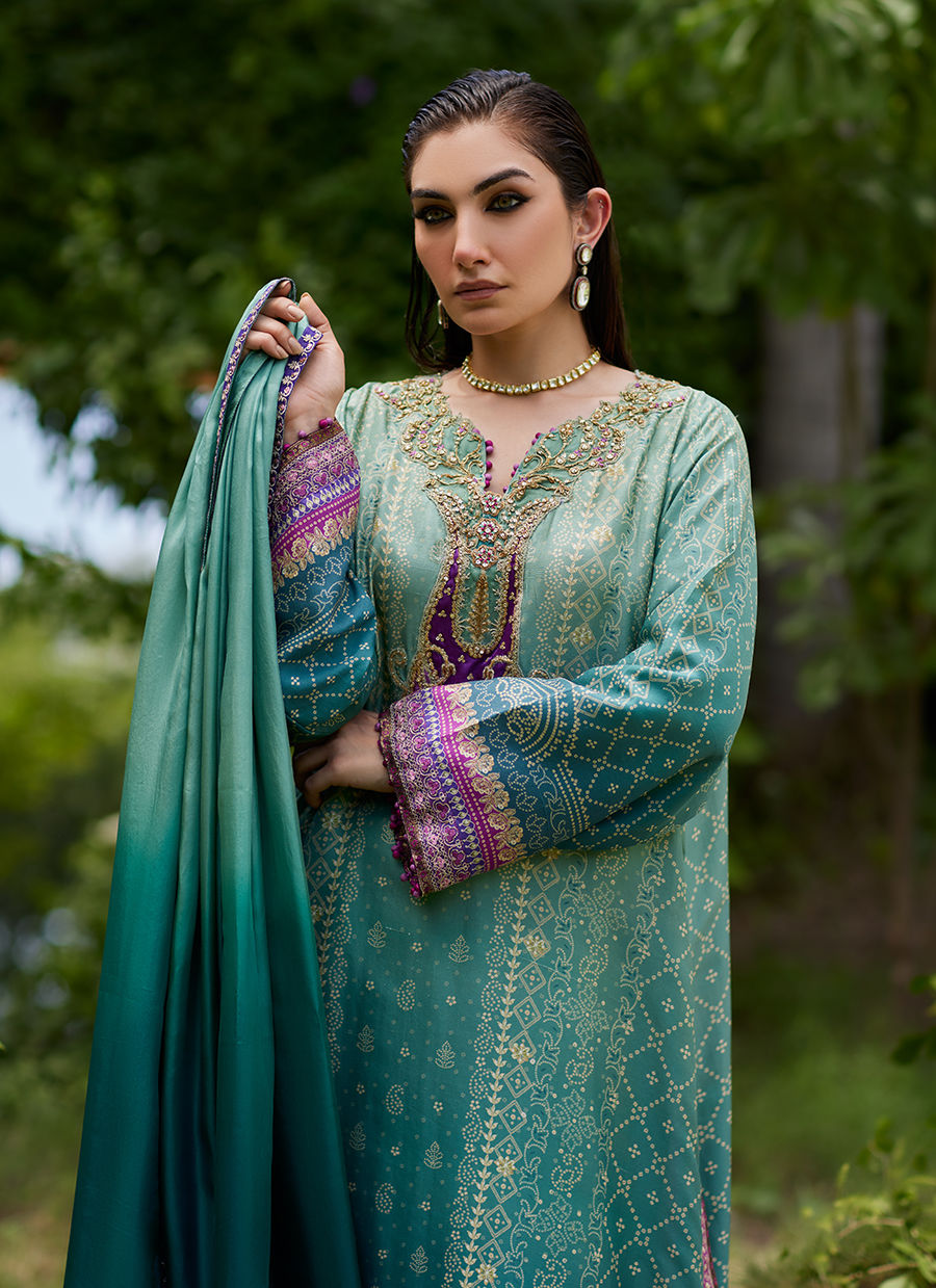 Farah Talib Aziz | Mayna Festive Prints 24 | Leisha Teal Ombre Shirt And Dupatta by Farah Talib Aziz - Designer Dress - Type: Ladies Clothes - Available at Libayah - 100% Original