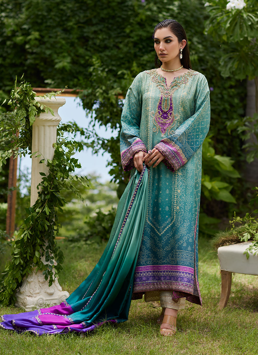 Farah Talib Aziz | Mayna Festive Prints 24 | Leisha Teal Ombre Shirt And Dupatta by Farah Talib Aziz - Designer Dress - Type: Ladies Clothes - Available at Libayah - 100% Original