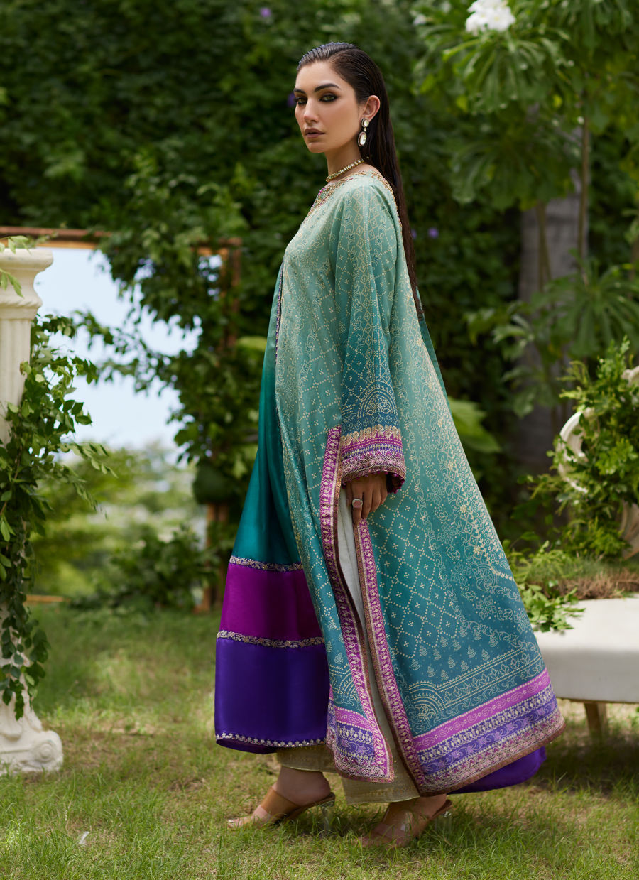 Farah Talib Aziz | Mayna Festive Prints 24 | Leisha Teal Ombre Shirt And Dupatta by Farah Talib Aziz - Designer Dress - Type: Ladies Clothes - Available at Libayah - 100% Original