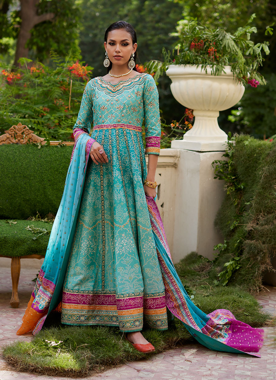 Farah Talib Aziz | Mayna Festive Prints 24 | Zaiba Turquoise Kalidaar by Farah Talib Aziz - Designer Dress - Type: Ladies Clothes - Available at Libayah - 100% Original