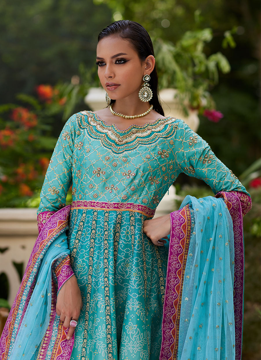 Farah Talib Aziz | Mayna Festive Prints 24 | Zaiba Turquoise Kalidaar by Farah Talib Aziz - Designer Dress - Type: Ladies Clothes - Available at Libayah - 100% Original