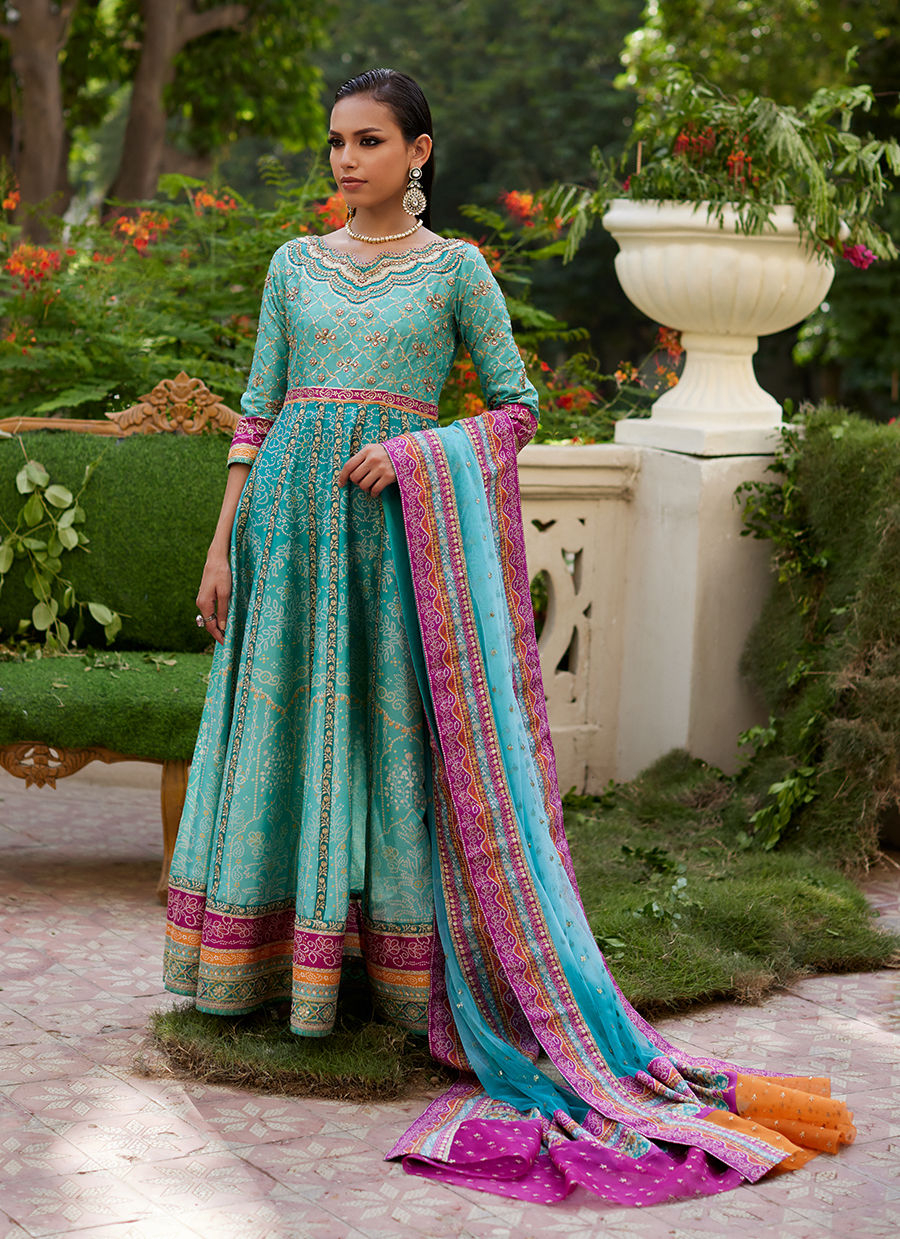 Farah Talib Aziz | Mayna Festive Prints 24 | Zaiba Turquoise Kalidaar by Farah Talib Aziz - Designer Dress - Type: Ladies Clothes - Available at Libayah - 100% Original