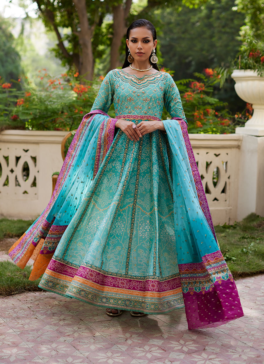 Farah Talib Aziz | Mayna Festive Prints 24 | Zaiba Turquoise Kalidaar by Farah Talib Aziz - Designer Dress - Type: Ladies Clothes - Available at Libayah - 100% Original