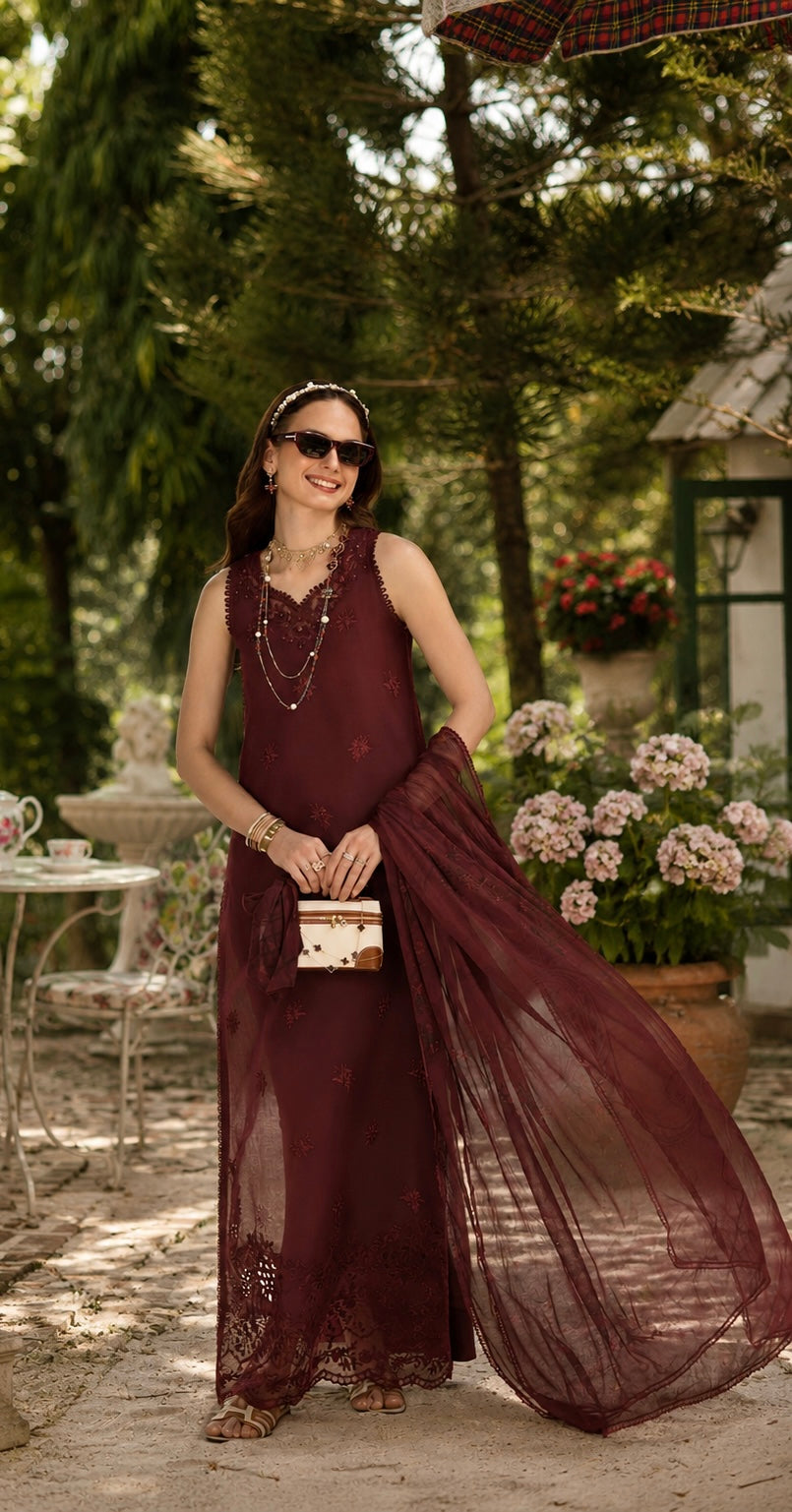 Noor by Saadia Asad | Noor Eid Printskhas 26 |D10  Burgundy - by Libayah - Registered Vendor of : Noor by Saadia Asad - 100% Original Designer Dress
