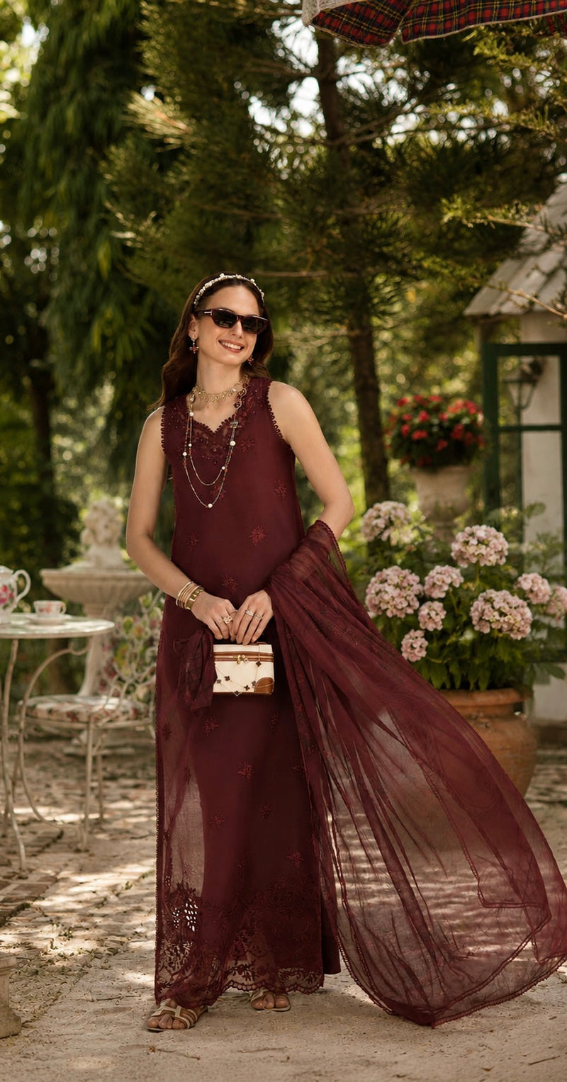 Noor by Saadia Asad | Noor Eid Printskhas 26 |D10  Burgundy - by Libayah - Registered Vendor of : Noor by Saadia Asad - 100% Original Designer Dress