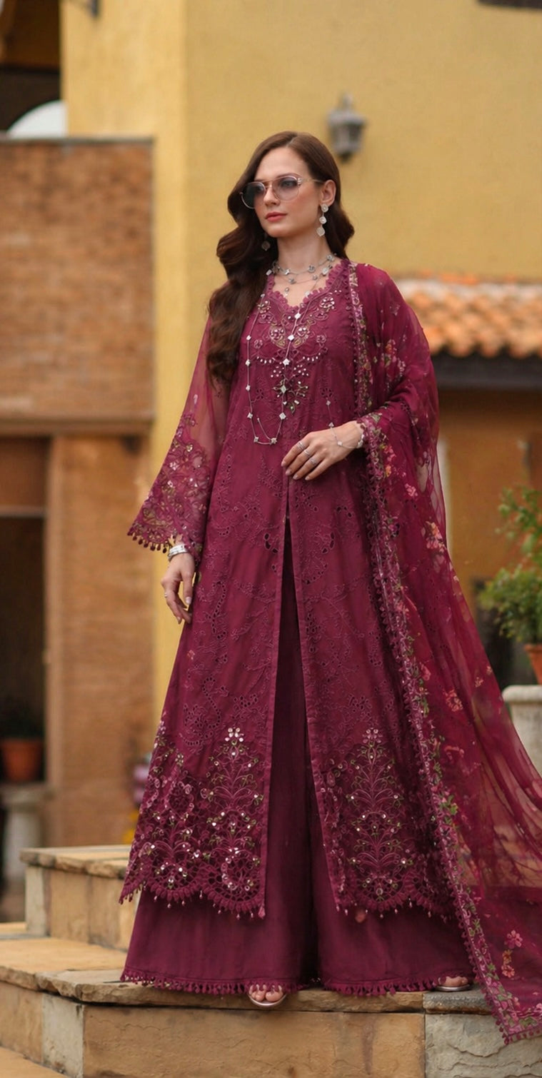 Noor by Saadia Asad | Luxury Eid Schiffli Laserkari 26 | D8 -Rasberry love by Noor by Saadia Asad - Designer Dress  - Type : Ladies Clothes - Available at Libayah - 100% Original 