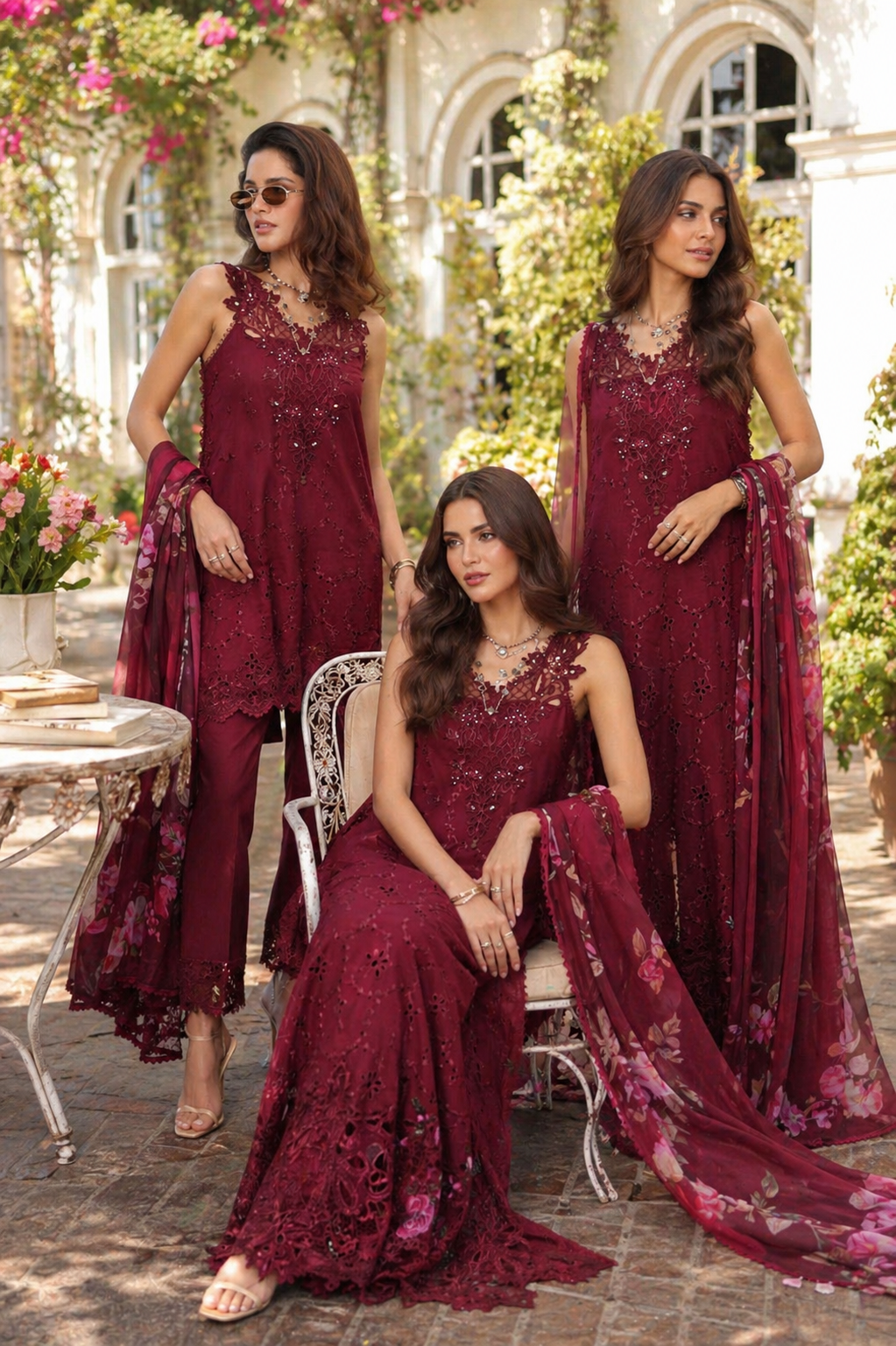 Noor by Saadia Asad | Eid Luxe Chikankari 26 | D3 -Bordeaux by Noor by Saadia Asad - Designer Dress  - Type : Ladies Clothes - Available at Libayah - 100% Original 