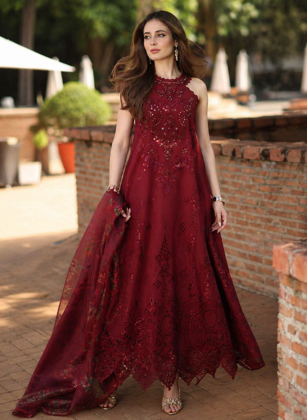 Noor by Saadia Asad | Luxury Eid Schiffli Laserkari 26 | D12 -Amalfi Rouge by Noor by Saadia Asad - Designer Dress  - Type : Ladies Clothes - Available at Libayah - 100% Original 