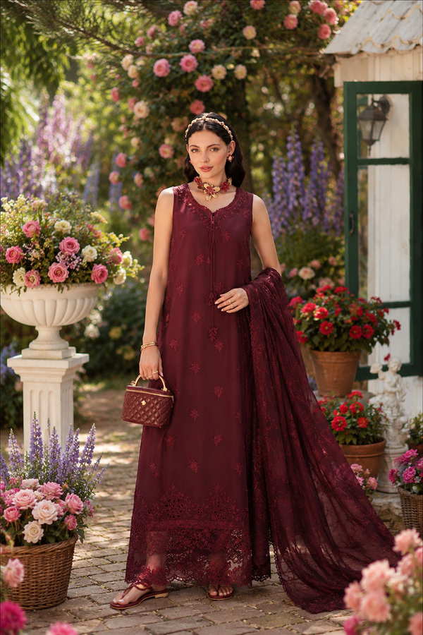 Noor by Saadia Asad | Noor Eid Printskhas 26 |D10  Burgundy - by Libayah - Registered Vendor of : Noor by Saadia Asad - 100% Original Designer Dress