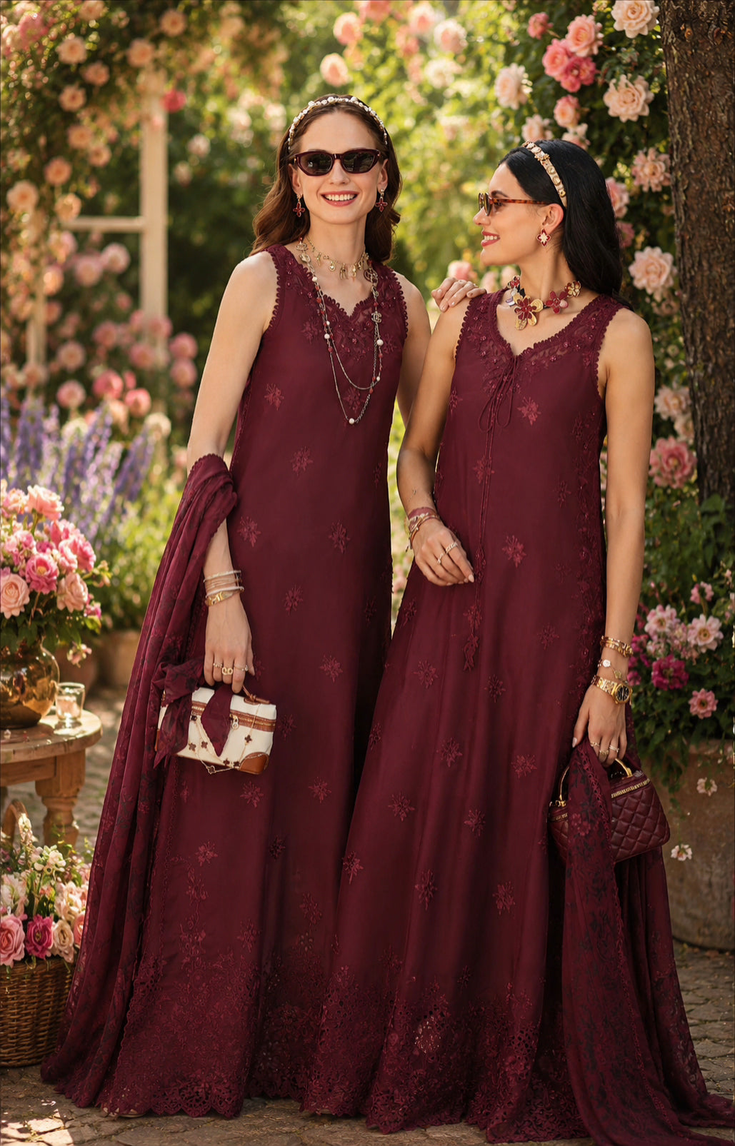 Noor by Saadia Asad | Noor Eid Printskhas 26 |D10  Burgundy - by Libayah - Registered Vendor of : Noor by Saadia Asad - 100% Original Designer Dress