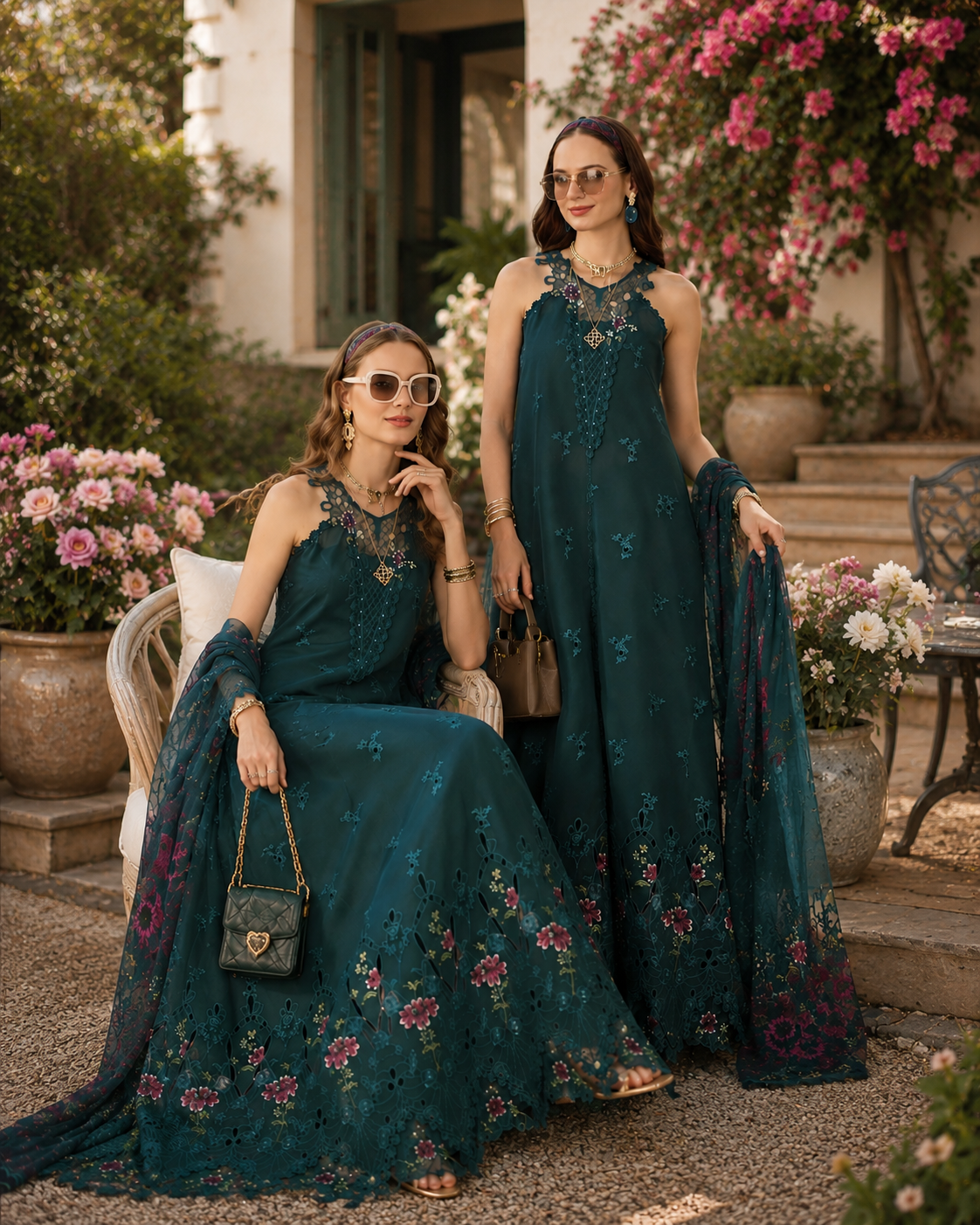 Noor by Saadia Asad | Noor Eid Printskhas 26 | D6  Coblat Teal - by Libayah - Registered Vendor of : Noor by Saadia Asad - 100% Original Designer Dress