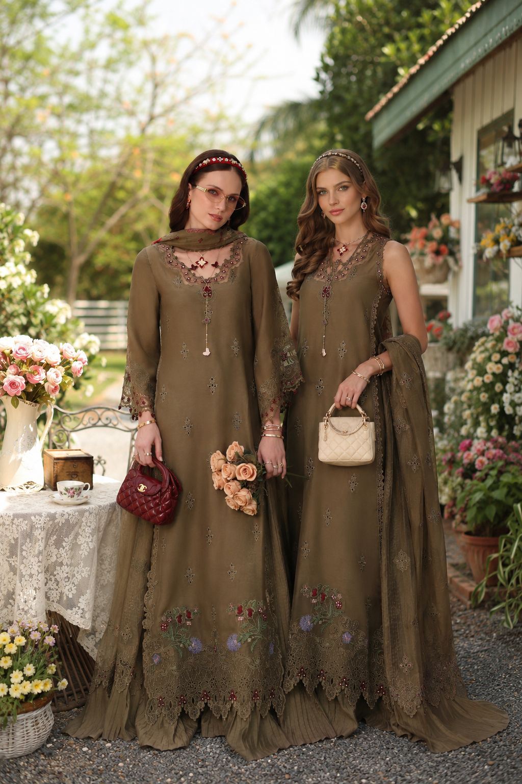 Noor by Saadia Asad | Noor Eid Printskhas 26 |D8  Mocha Sienna - by Libayah - Registered Vendor of : Noor by Saadia Asad - 100% Original Designer Dress