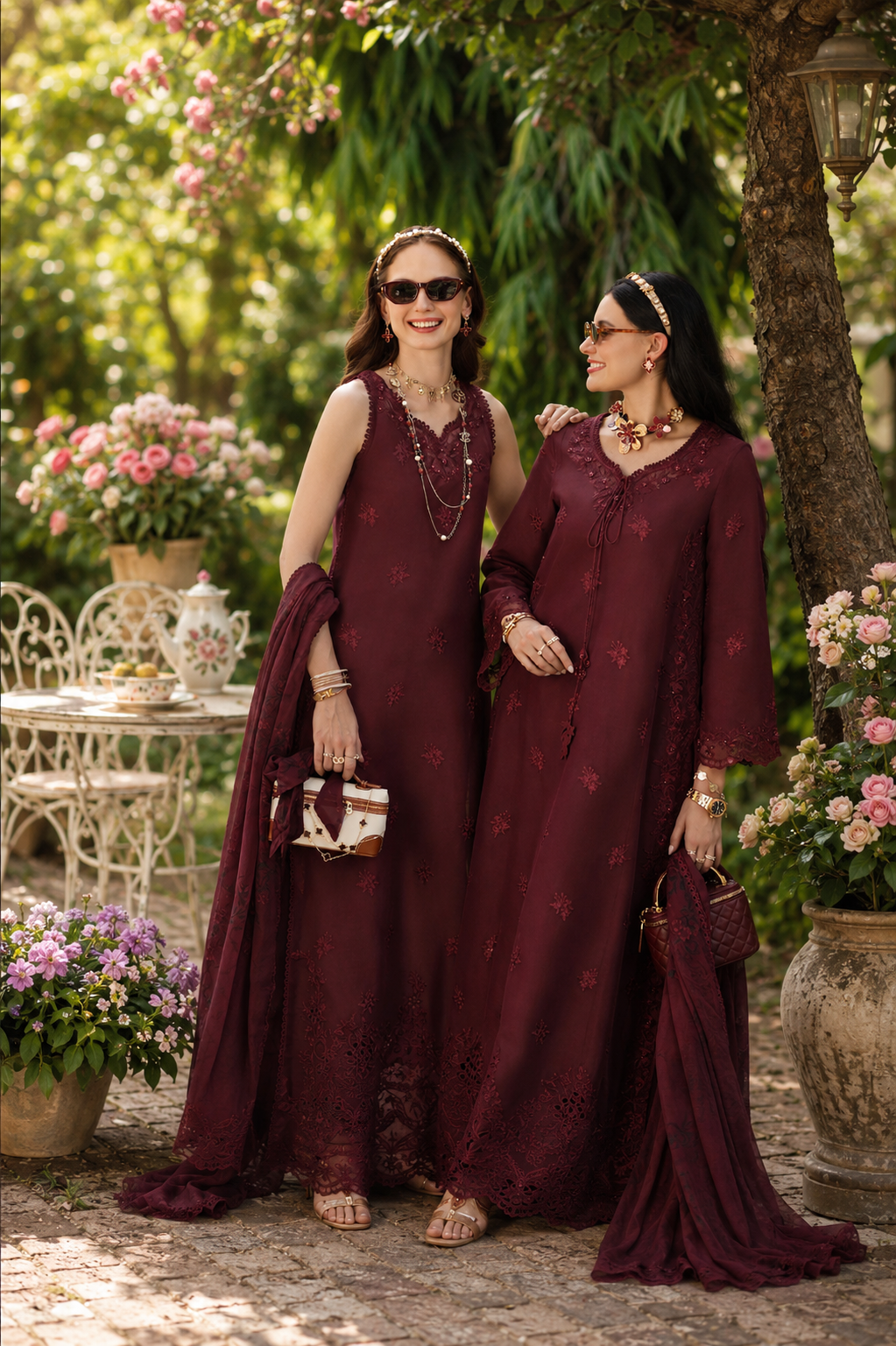 Noor by Saadia Asad | Noor Eid Printskhas 26 |D10  Burgundy - by Libayah - Registered Vendor of : Noor by Saadia Asad - 100% Original Designer Dress