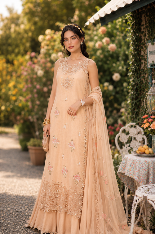 Noor by Saadia Asad | Noor Eid Printskhas 26 |D13  Blush Peach - by Libayah - Registered Vendor of : Noor by Saadia Asad - 100% Original Designer Dress