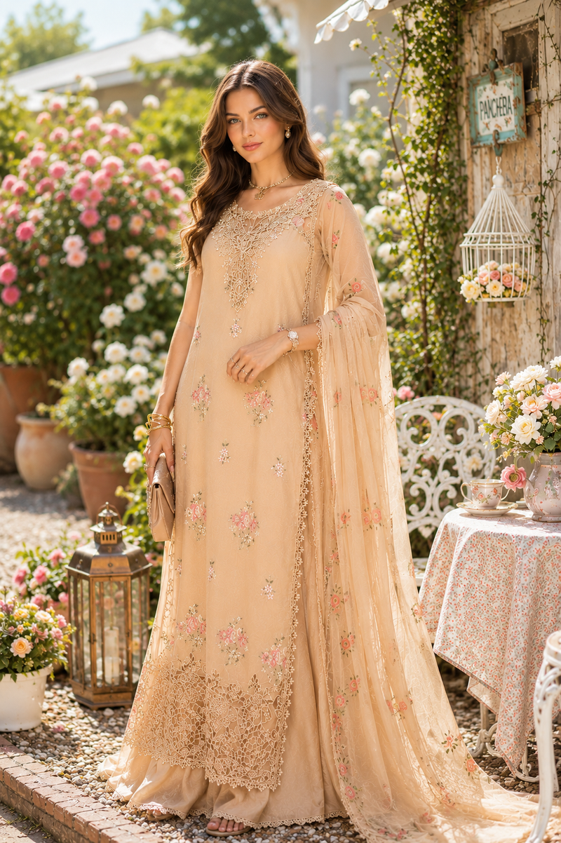 Noor by Saadia Asad | Noor Eid Printskhas 26 |D13  Blush Peach - by Libayah - Registered Vendor of : Noor by Saadia Asad - 100% Original Designer Dress