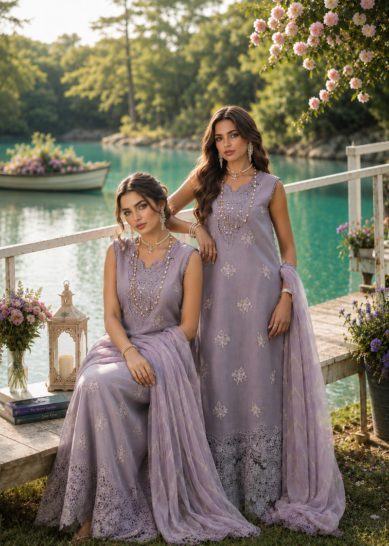 Noor by Saadia Asad | Noor Eid Printskhas 26 | D4  Lavender Lights - by Libayah - Registered Vendor of : Noor by Saadia Asad - 100% Original Designer Dress
