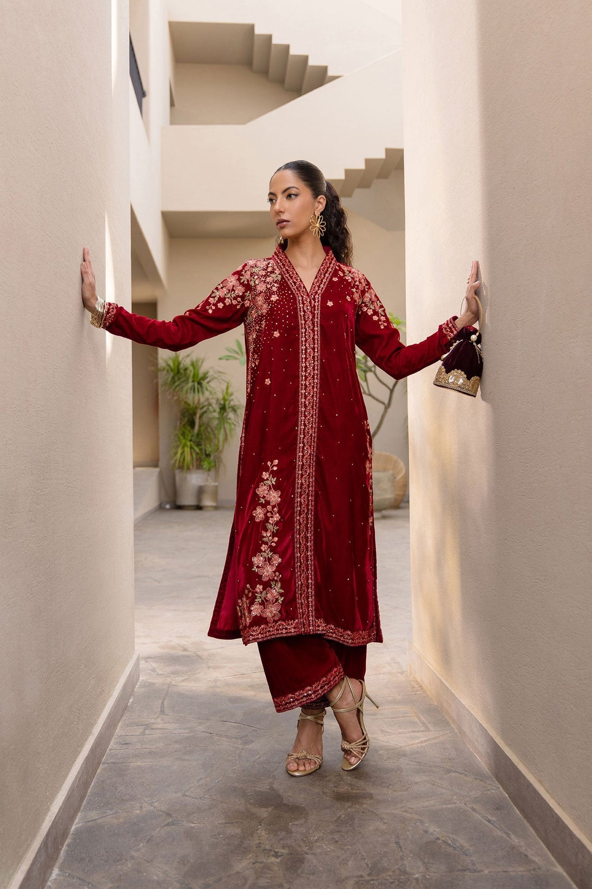 Dhanak | Velvet Edit | FW24DA-2613 MAROON by Dhanak - Designer Dress - Type: Ladies Clothes - Available at Libayah - 100% Original