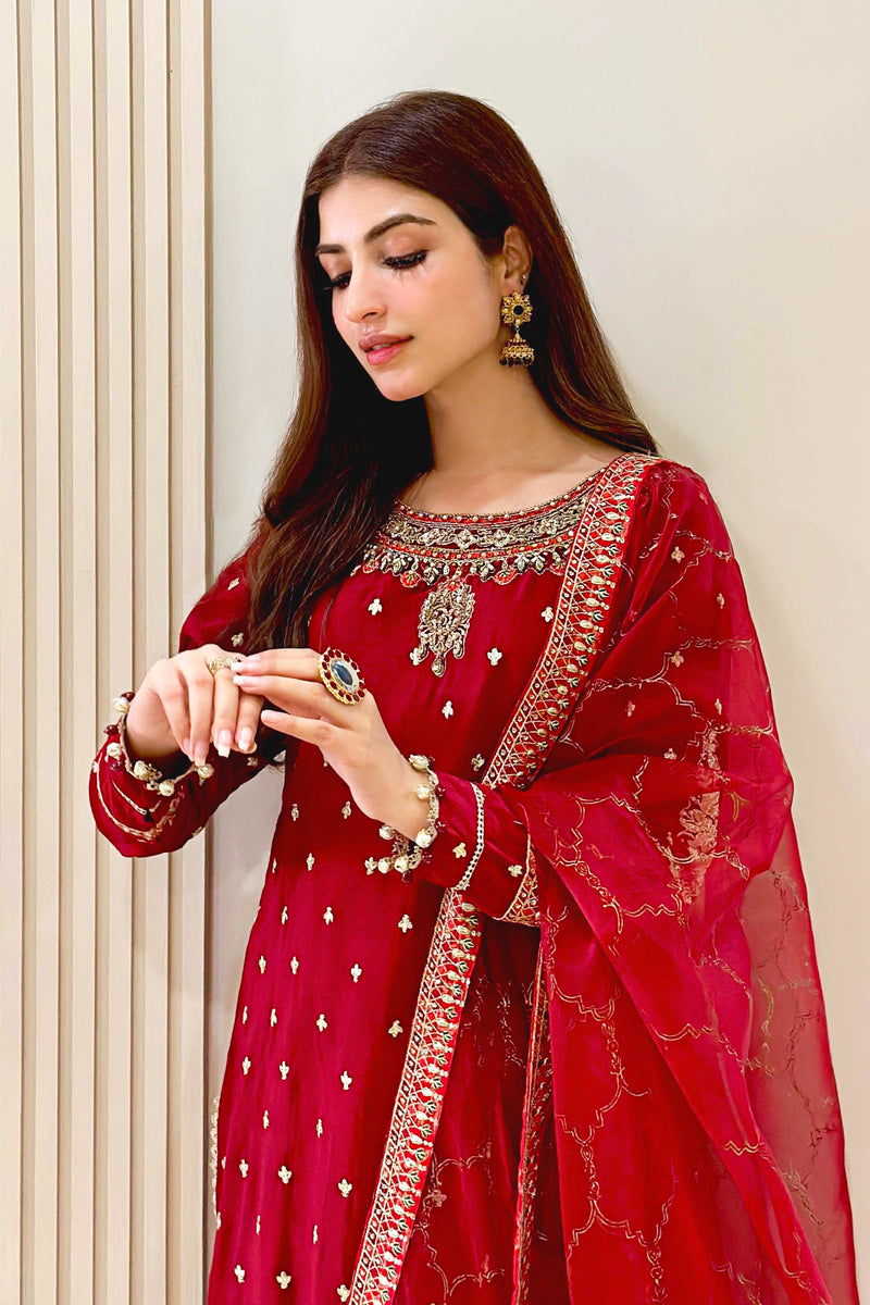 Maria B | Luxury Formals | SF-EA23-18R1-Maroon by Maria B - Designer Dress  - Type : Ladies Clothes - Available at Libayah - 100% Original 