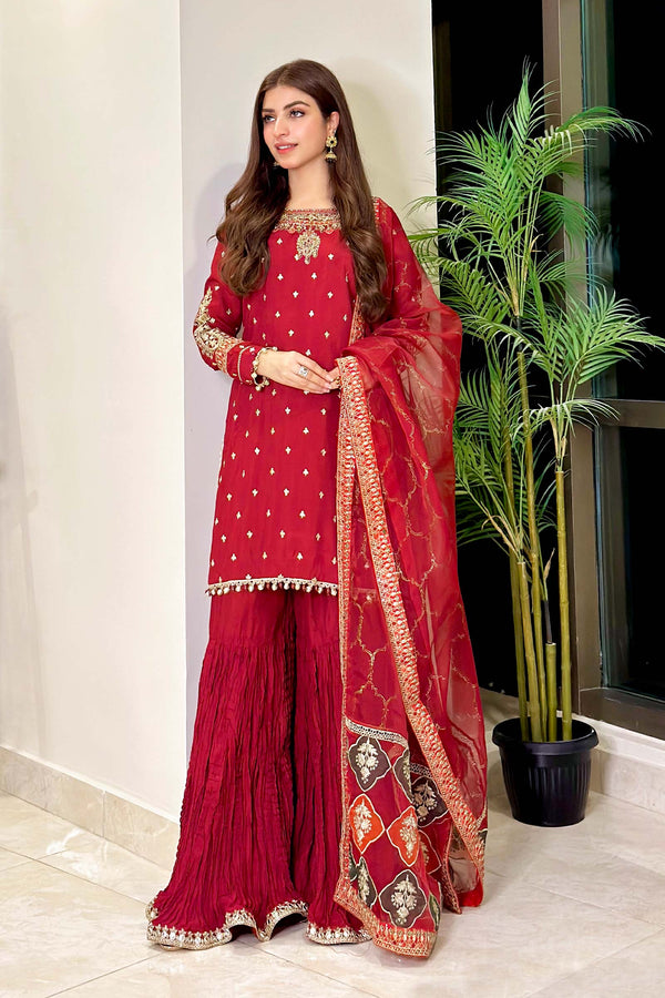 Maria B | Luxury Formals | SF-EA23-18R1-Maroon by Maria B - Designer Dress  - Type : Ladies Clothes - Available at Libayah - 100% Original 