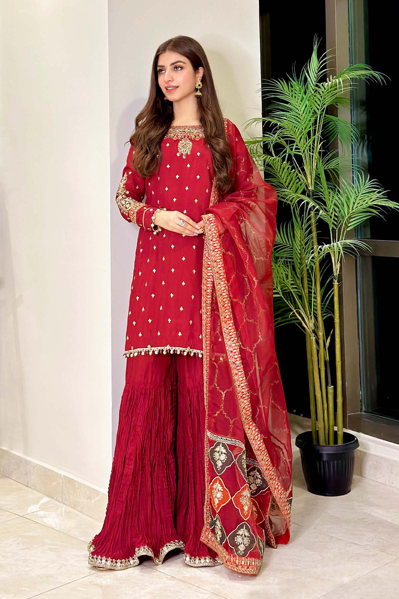 Maria B | Luxury Formals | SF-EA23-18R1-Maroon by Maria B - Designer Dress  - Type : Ladies Clothes - Available at Libayah - 100% Original 