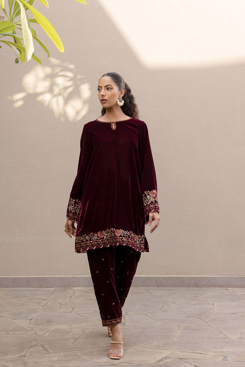 Dhanak | Velvet Edit | FW24DA-2620 MAROON by Dhanak - Designer Dress - Type: Ladies Clothes - Available at Libayah - 100% Original