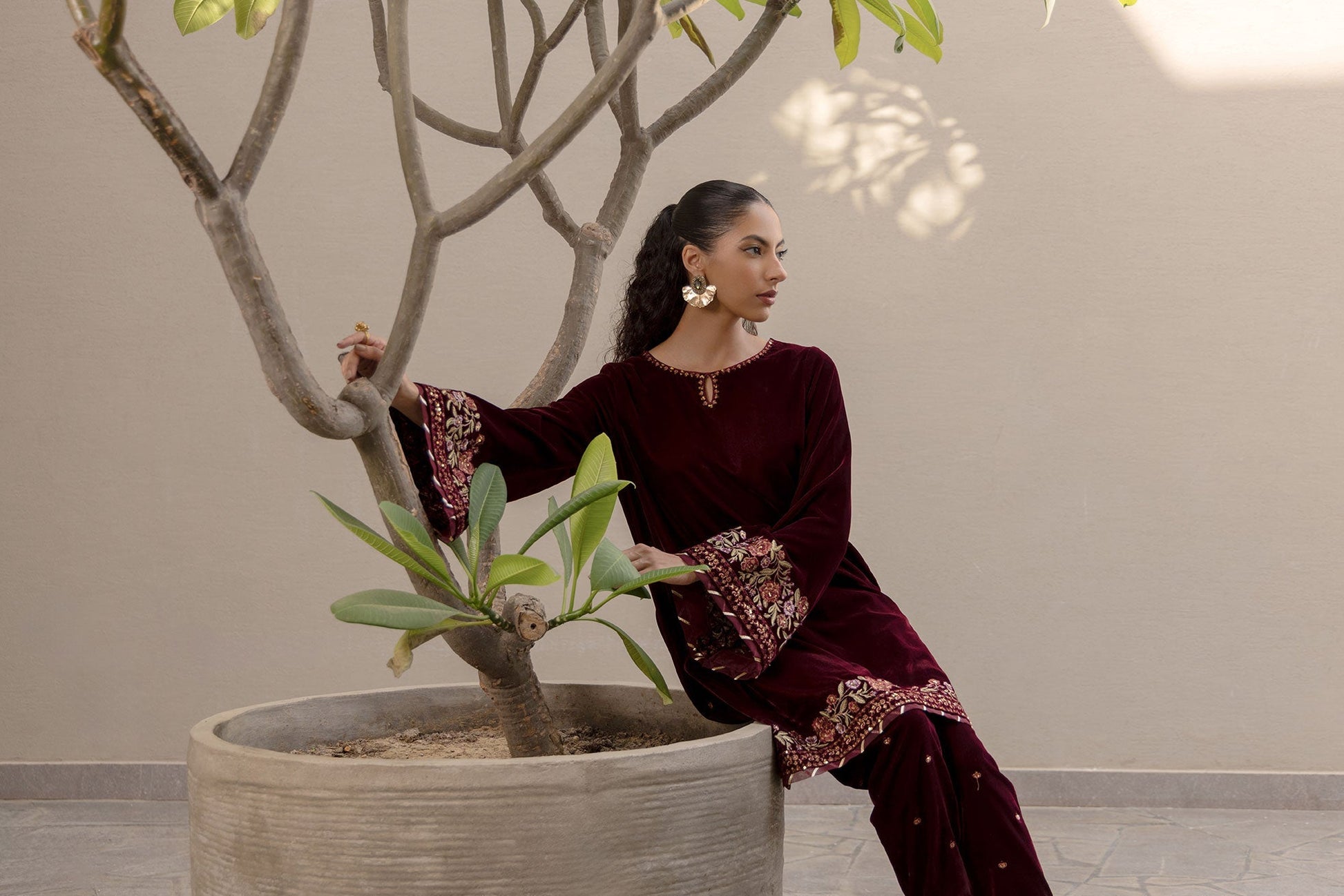 Dhanak | Velvet Edit | FW24DA-2620 MAROON by Dhanak - Designer Dress - Type: Ladies Clothes - Available at Libayah - 100% Original