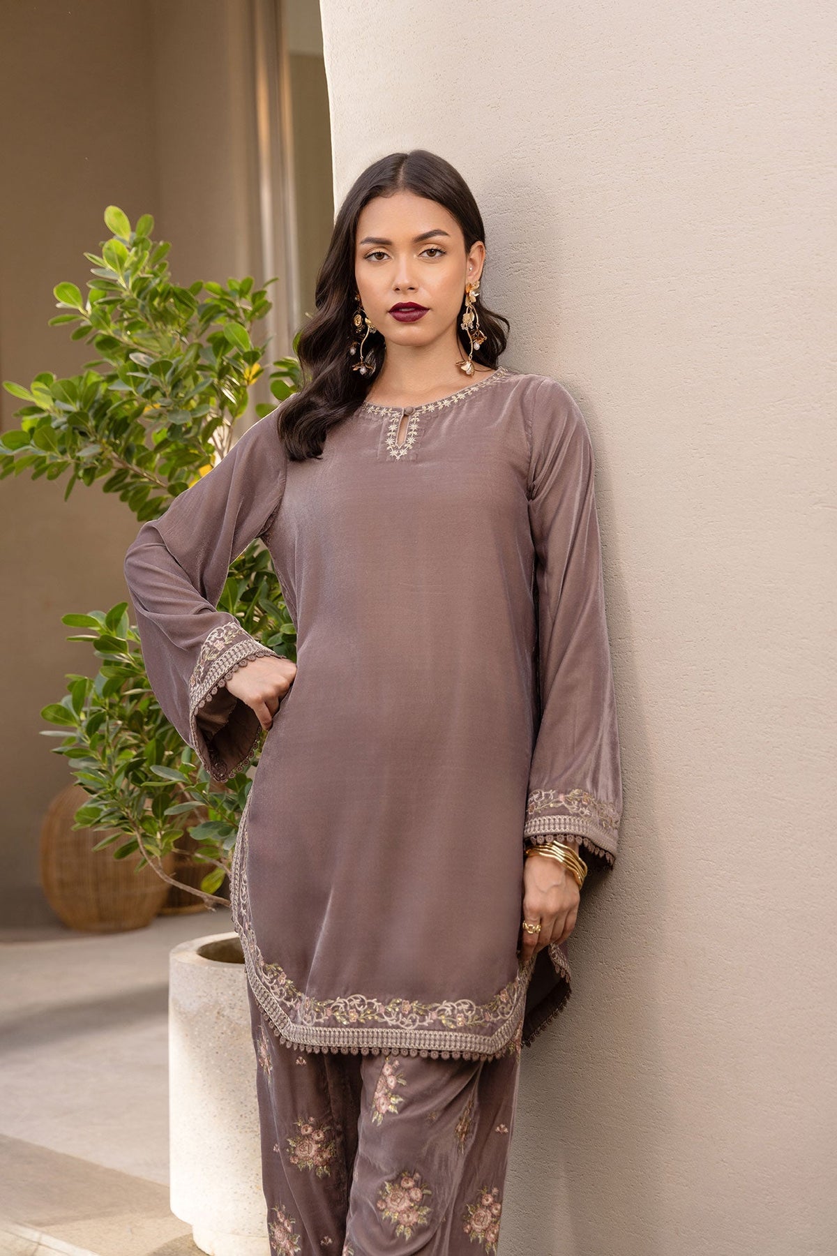 Dhanak | Velvet Edit | FW24DA-2625 OLIVE GREEN by Dhanak - Designer Dress - Type: Ladies Clothes - Available at Libayah - 100% Original