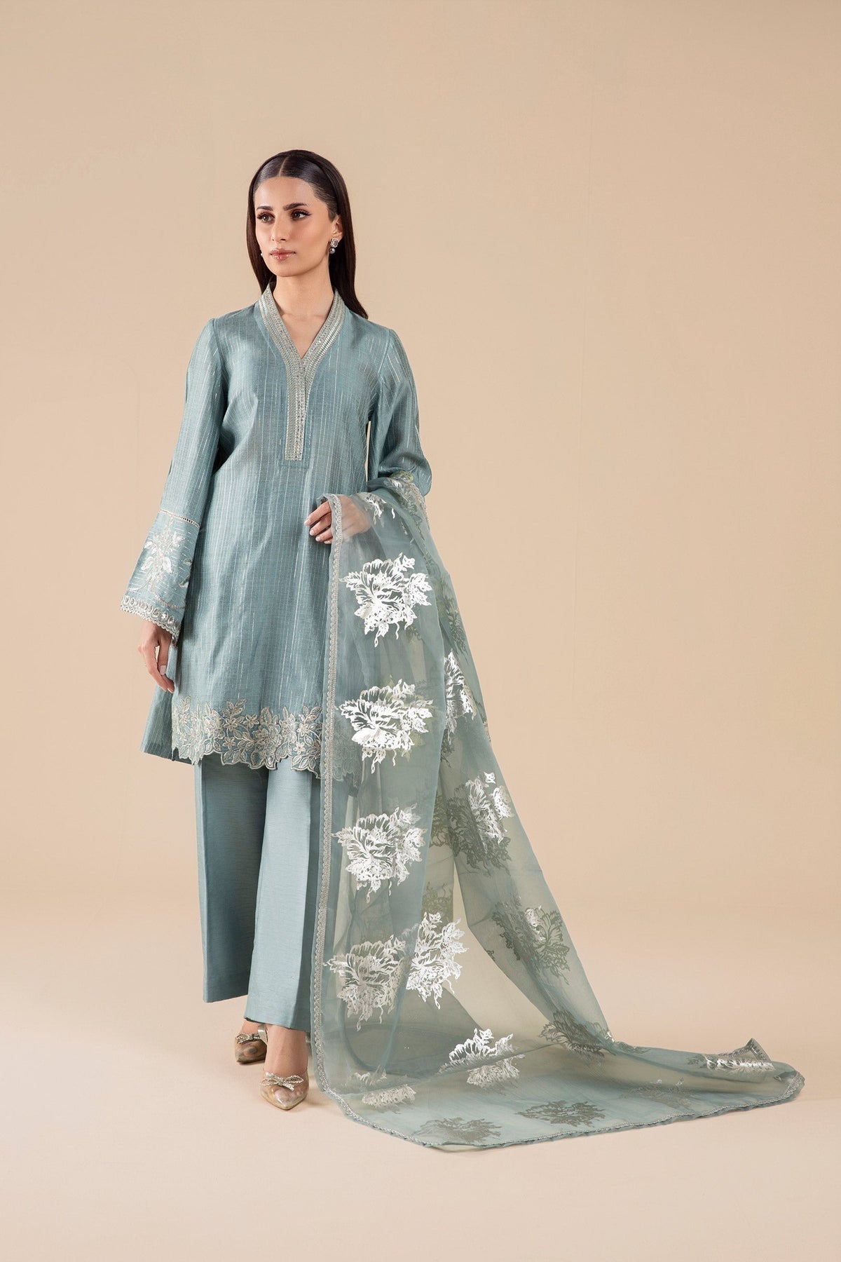 Maria B | Basics RTW | 3 Pc Embroidered Two Tone Lurex Silk Suit | MB-FS25-28 by Maria B - Designer Dress - Type: Ladies Clothes - Available at Libayah - 100% Original