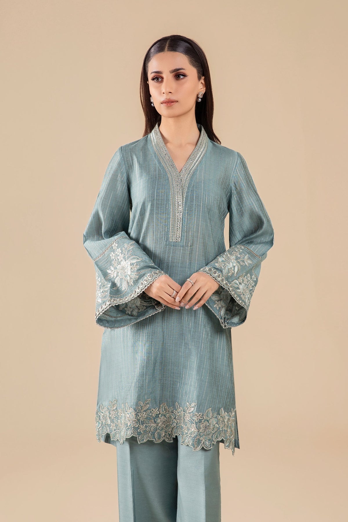 Maria B | Basics RTW | 3 Pc Embroidered Two Tone Lurex Silk Suit | MB-FS25-28 by Maria B - Designer Dress - Type: Ladies Clothes - Available at Libayah - 100% Original