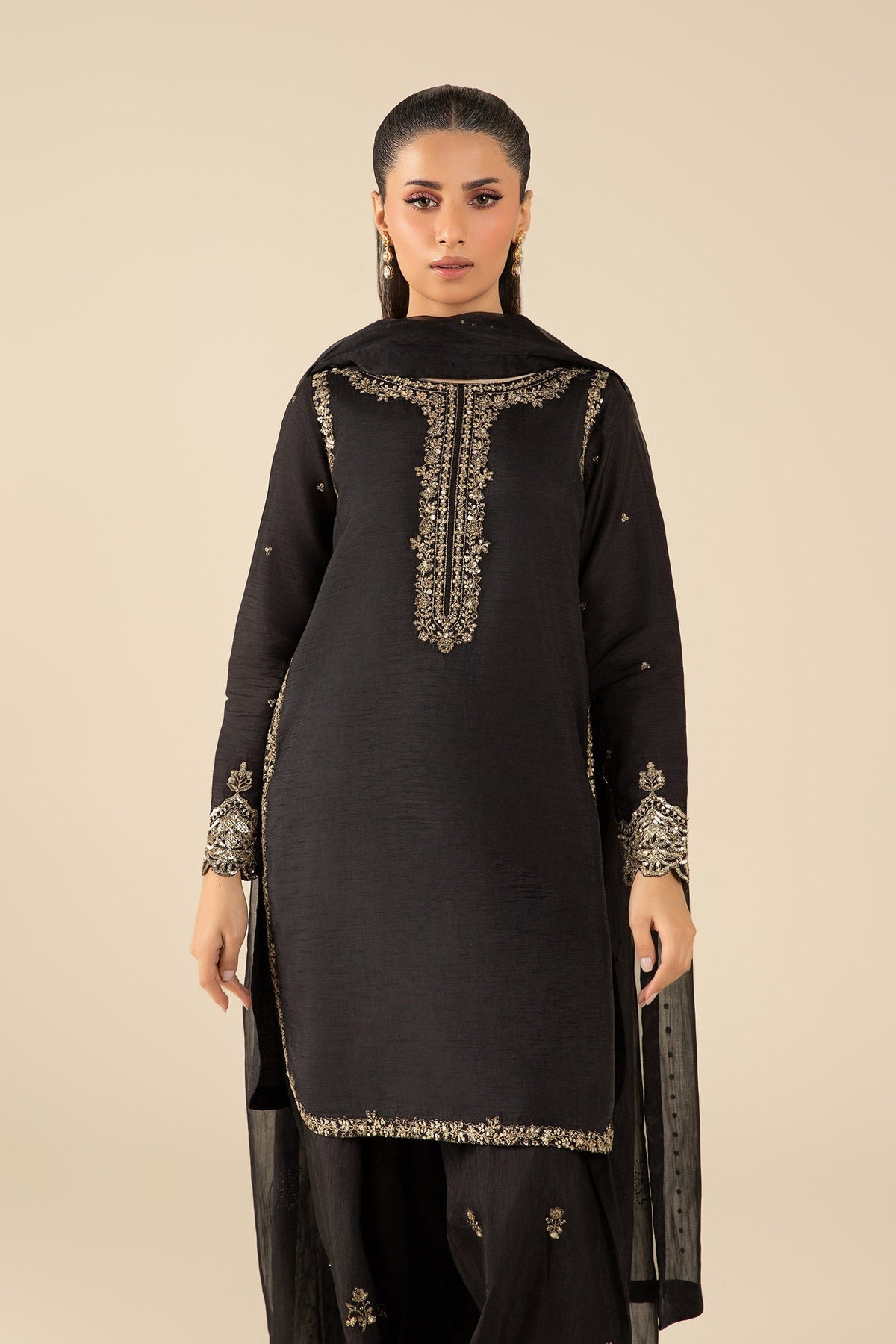 Maria B | Basics RTW | 3 Pc Embroidered Raw Silk Suit | MB-FS25-32-B by Maria B - Designer Dress - Type: Ladies Clothes - Available at Libayah - 100% Original