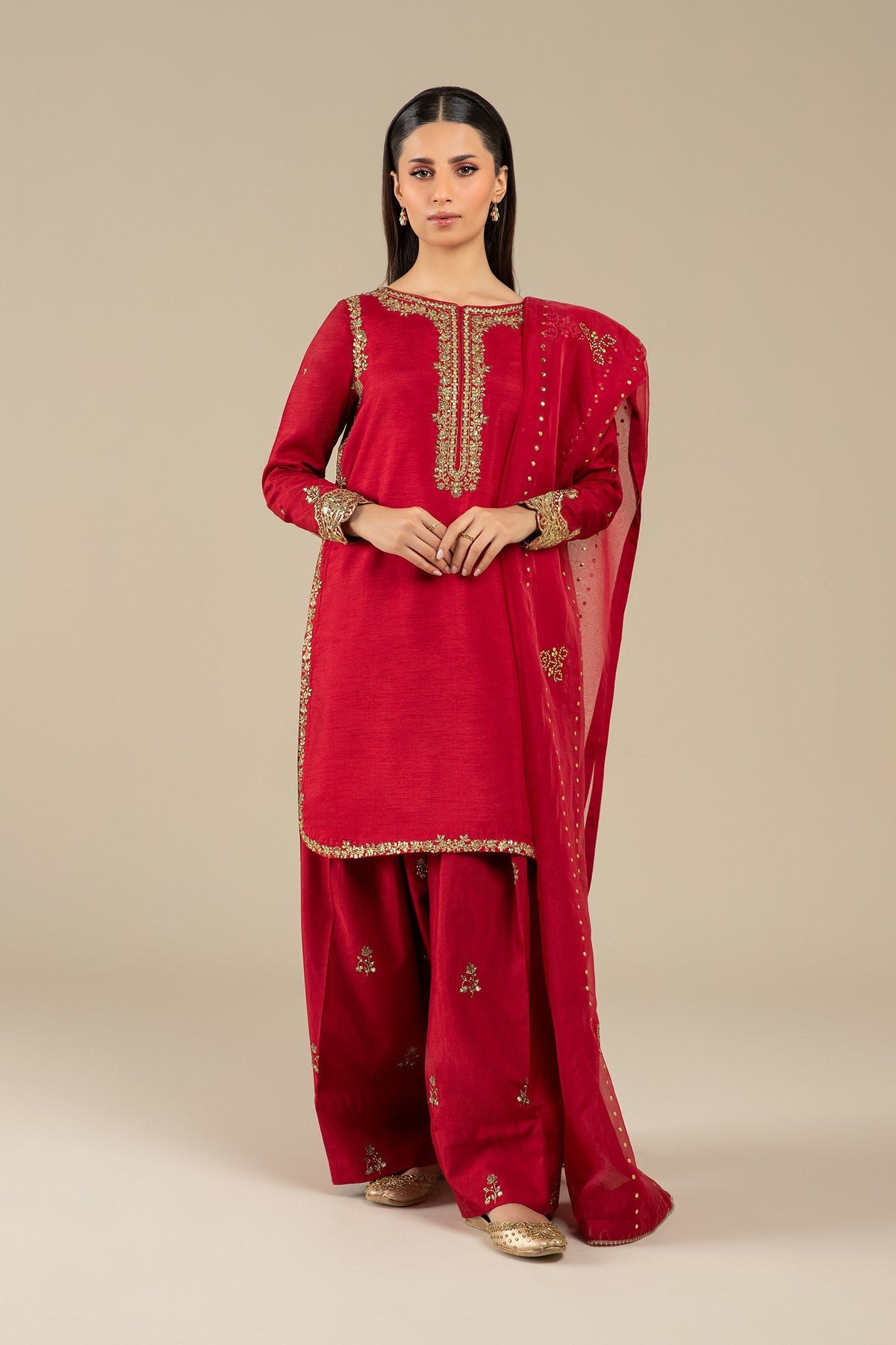 Maria B | Basics RTW | 3 Pc Embroidered Raw Silk Suit | MB-FS25-32 by Maria B - Designer Dress - Type: Ladies Clothes - Available at Libayah - 100% Original