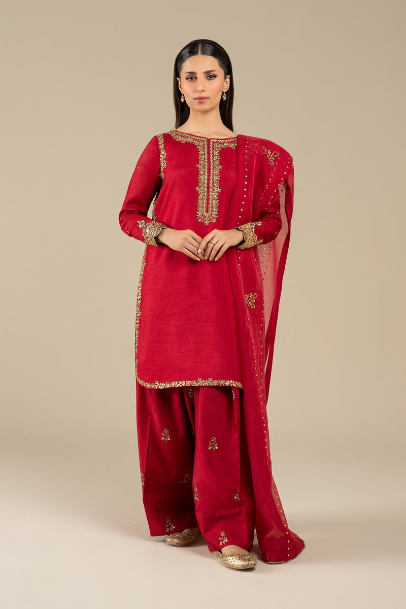 Maria B | Basics RTW | 3 Pc Embroidered Raw Silk Suit | MB-FS25-32 by Maria B - Designer Dress - Type: Ladies Clothes - Available at Libayah - 100% Original