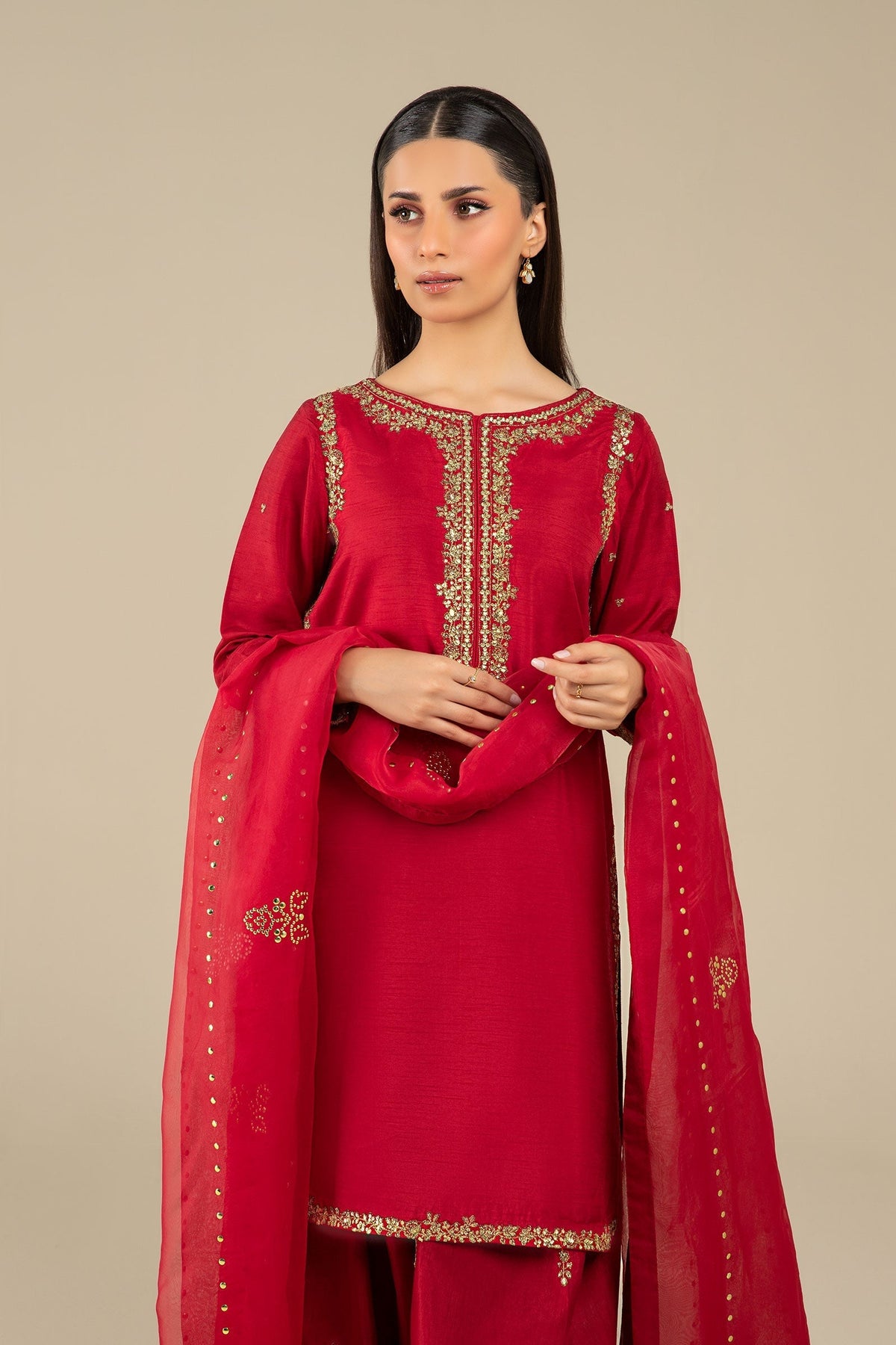 Maria B | Basics RTW | 3 Pc Embroidered Raw Silk Suit | MB-FS25-32 by Maria B - Designer Dress - Type: Ladies Clothes - Available at Libayah - 100% Original