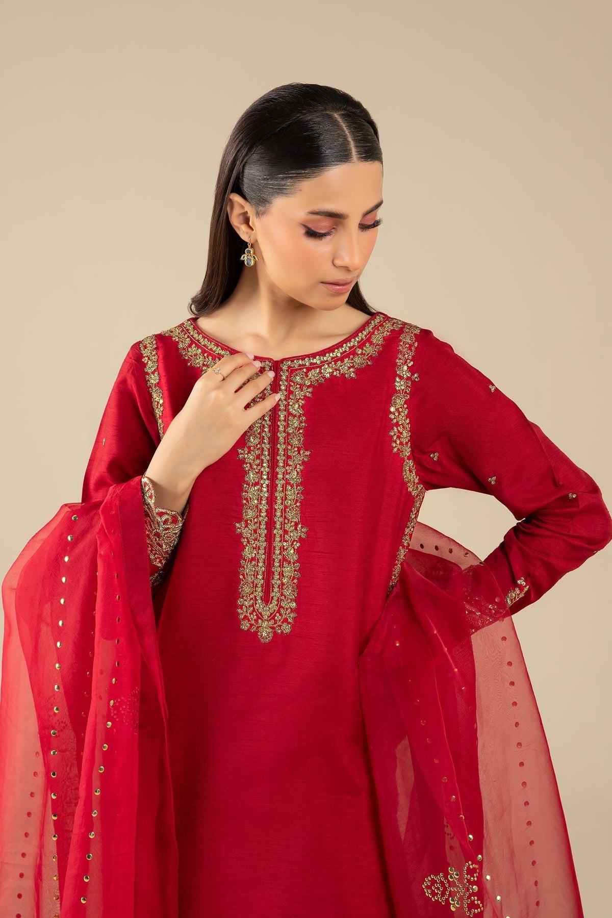 Maria B | Basics RTW | 3 Pc Embroidered Raw Silk Suit | MB-FS25-32 by Maria B - Designer Dress - Type: Ladies Clothes - Available at Libayah - 100% Original