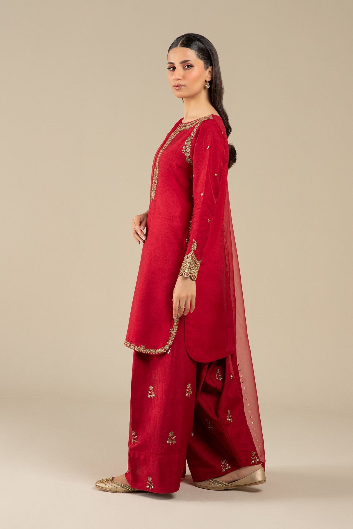 Maria B | Basics RTW | 3 Pc Embroidered Raw Silk Suit | MB-FS25-32 by Maria B - Designer Dress - Type: Ladies Clothes - Available at Libayah - 100% Original