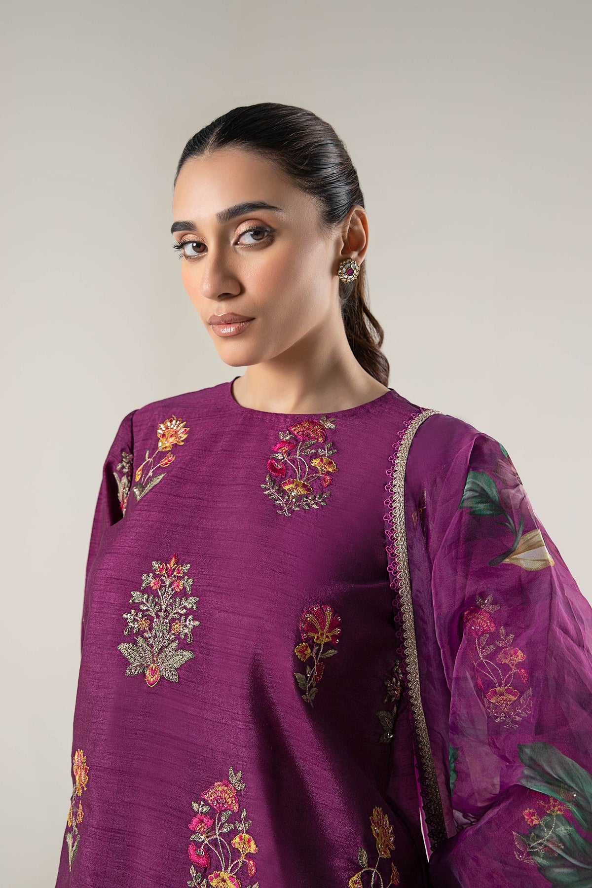 Maria B | Basics RTW | 3 Pc Embroidered Raw Silk Suit | MB-WF24-47 by Maria B - Designer Dress - Type: Ladies Clothes - Available at Libayah - 100% Original