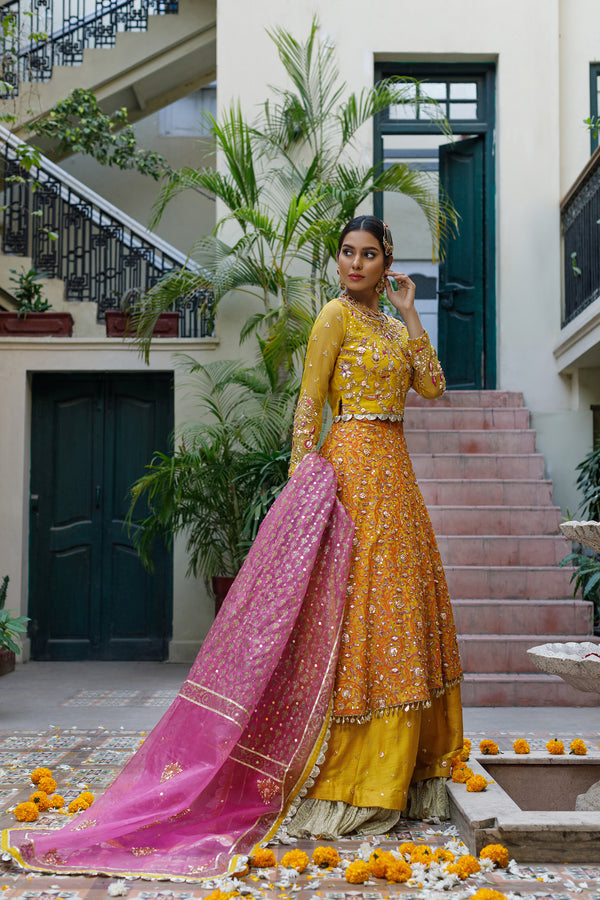 Wahajmkhan | Bahar Begum Formals | MUSTARD LAYERED LEHNGA CHOLI by Wahaj M.Khan - Designer Dress - Type: Ladies Clothes - Available at Libayah - 100% Original