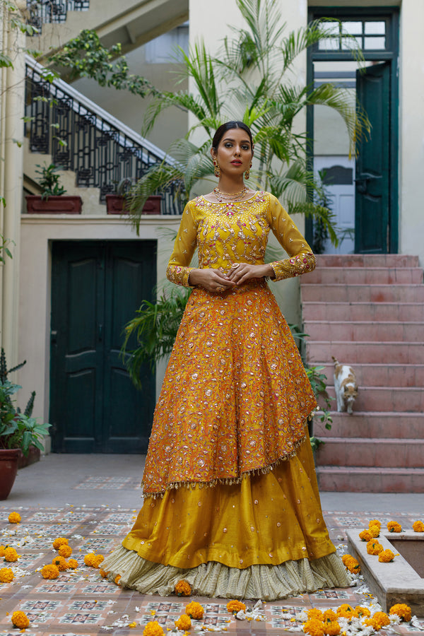 Wahajmkhan | Bahar Begum Formals | MUSTARD LAYERED LEHNGA CHOLI by Wahaj M.Khan - Designer Dress - Type: Ladies Clothes - Available at Libayah - 100% Original