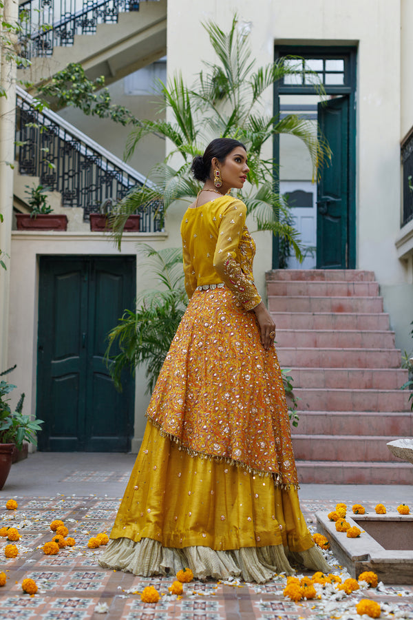 Wahajmkhan | Bahar Begum Formals | MUSTARD LAYERED LEHNGA CHOLI by Wahaj M.Khan - Designer Dress - Type: Ladies Clothes - Available at Libayah - 100% Original
