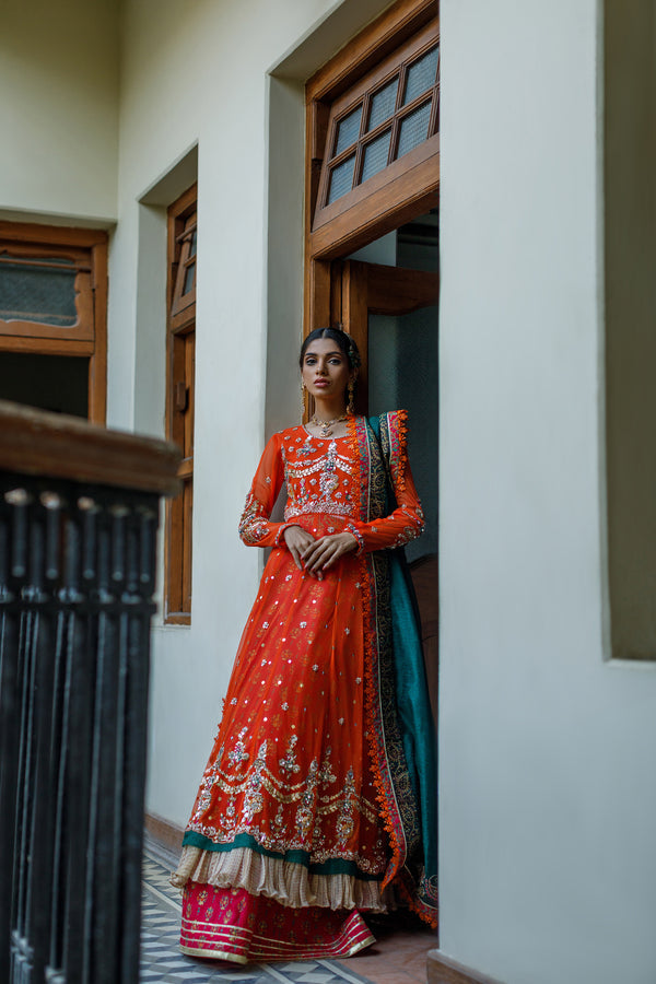 Wahajmkhan | Bahar Begum Formals | BURNT & EMERALD SHAWL ANARKALI by Wahaj M.Khan - Designer Dress - Type: Ladies Clothes - Available at Libayah - 100% Original